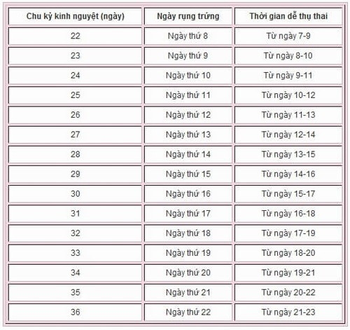 Bảng tính ngày rụng trứng.