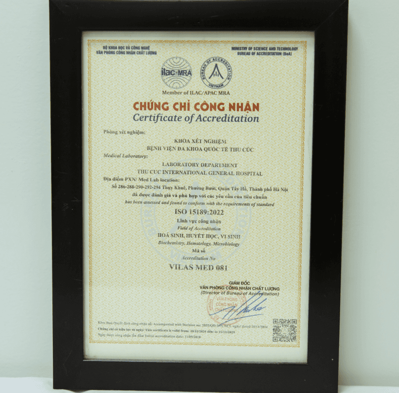 Khoa Xét nghiệm – Hệ thống y tế Thu Cúc TCI được Văn phòng Công nhận chất lượng (Bộ KH&CN) trao chứng chỉ ISO 15189:2022 về tiêu chuẩn chất lượng và năng lực của phòng xét nghiệm Y tế.