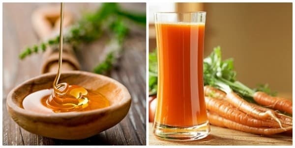 Một quả cà rốt, gọt sạch vỏ rồi ép lấy nước. Sau đó cho 2- 3 thìa mật ong vào cốc nước cà rốtvà đảo đều. Sau đó pha loãng hỗn hợp này theo tỷ lệ 1 : 1 với nước đun sôi để nguội và súc họng từ 3-5 lần mỗi ngày, mỗi lần từ 5 – 7 phút.