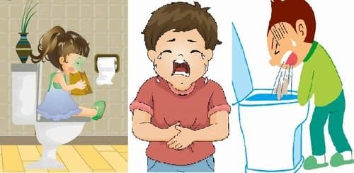 Khi bị viêm dạ dày ruột cấp, trẻ sẽ có biểu hiện đi ngoài nhiều lần, đau bụng, nôn mửa