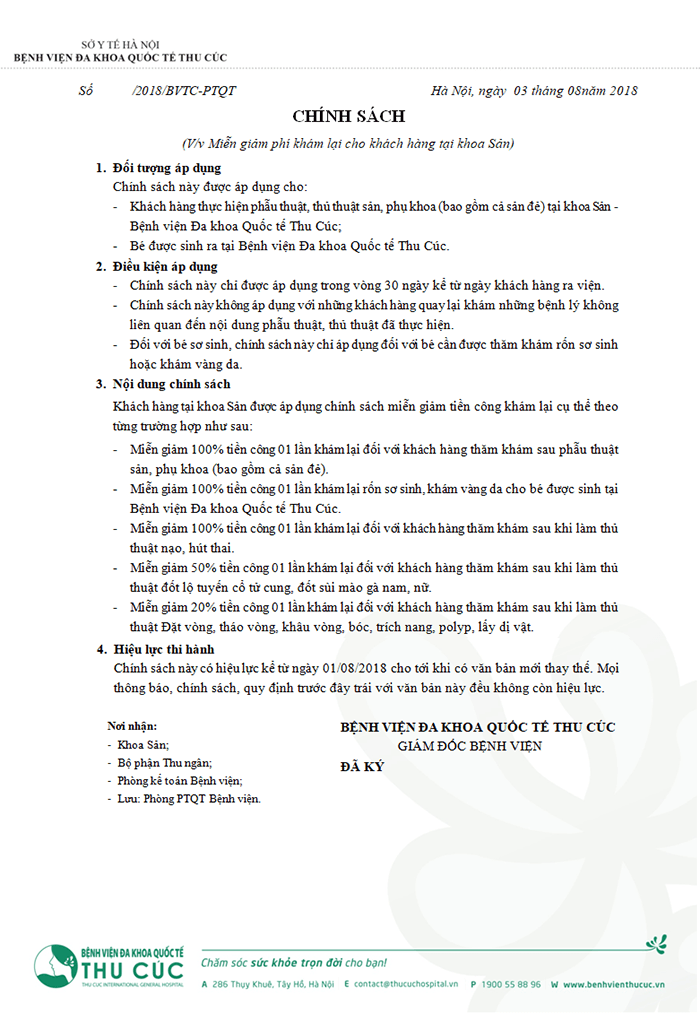 Miễn phí cho khách khám lại Sản phụ khoa