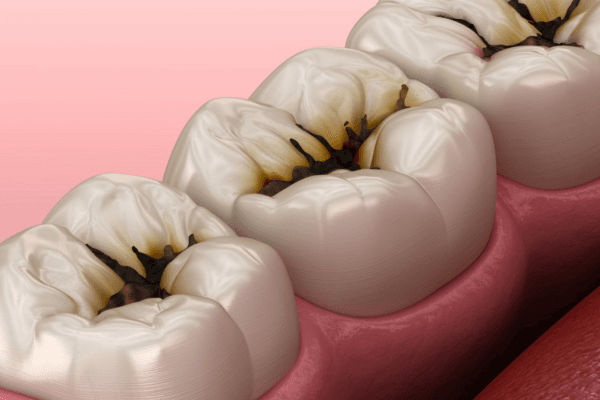 Sâu răng tạo thành các chấm, hốc đen ở trên bề mặt răng do vi khuẩn phá hủy cấu trúc răng