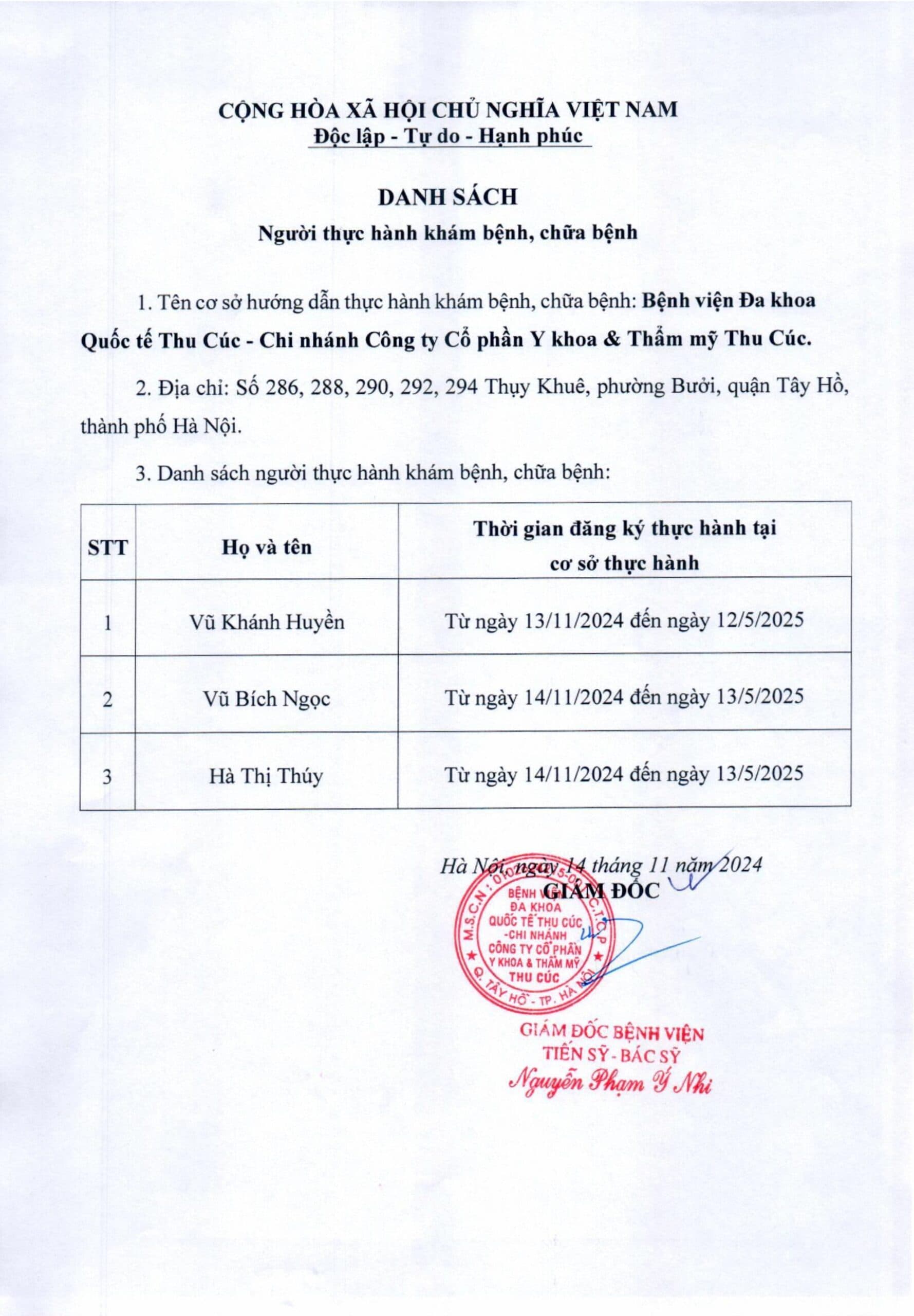 Danh sách người thực hành khám bệnh, chữa bệnh tại Thu Cúc TCI