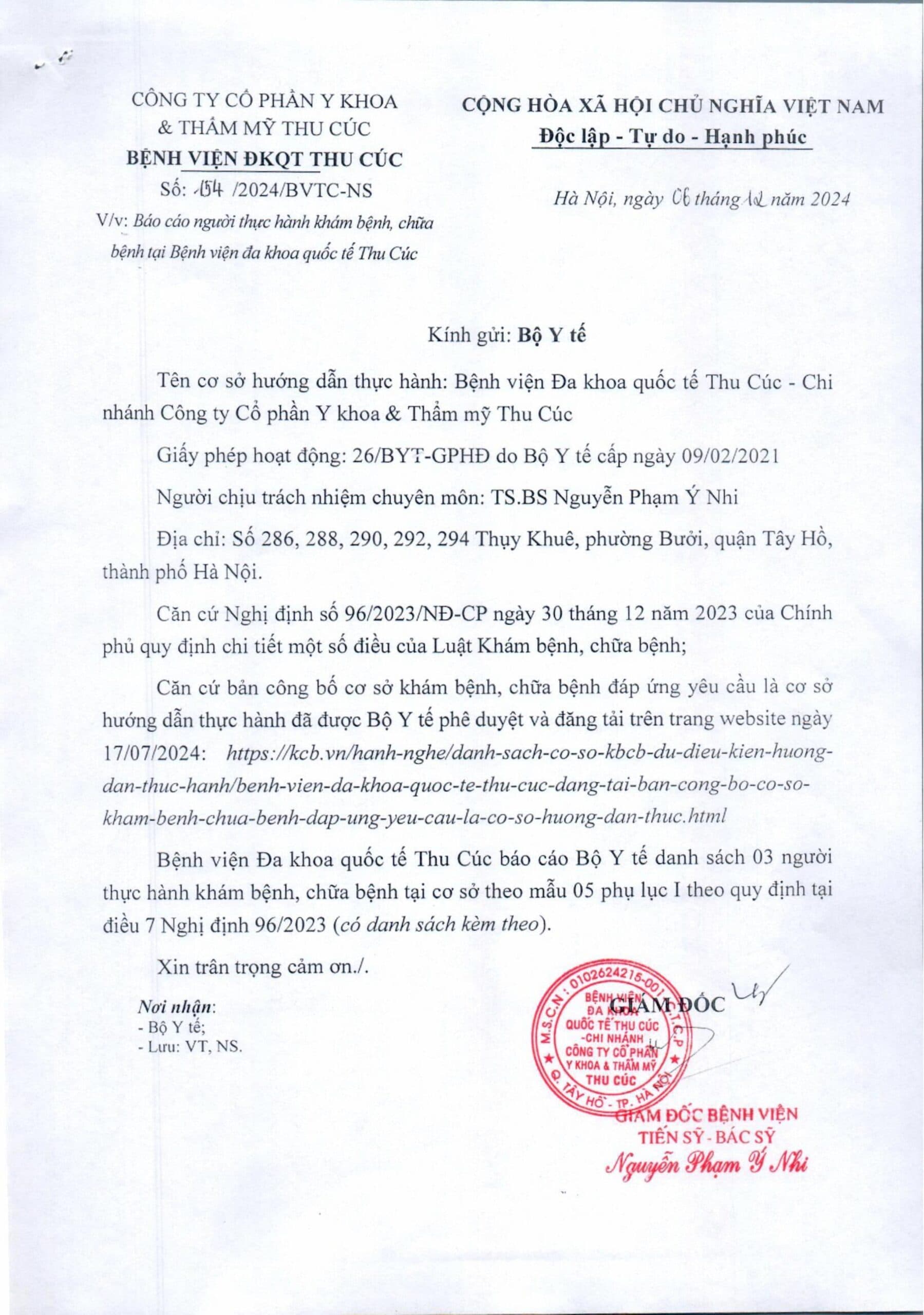Danh sách người thực hành khám chữa bệnh tại BV ĐKQT Thu Cúc từ ngày 5/12/2024