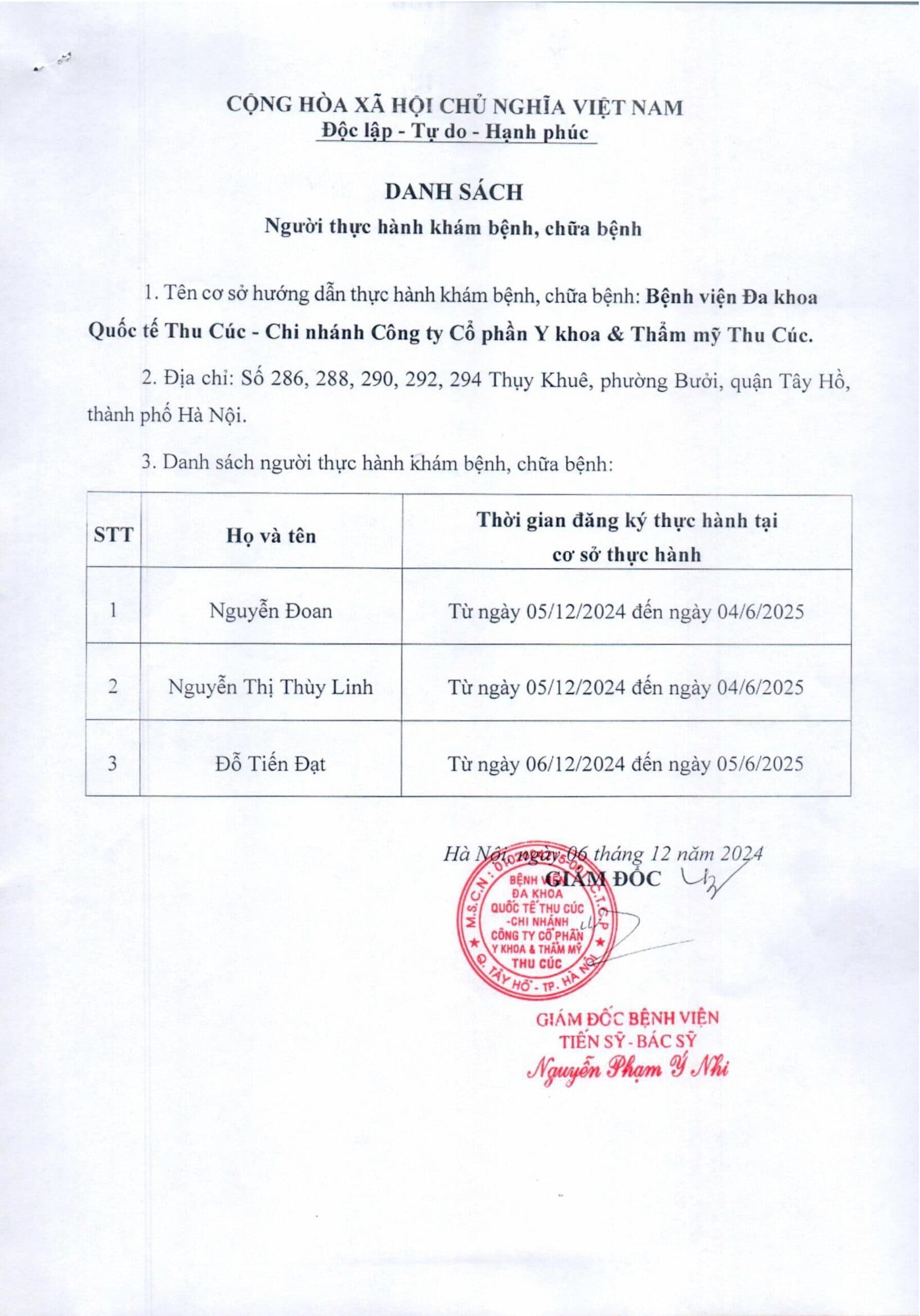 Danh sách người thực hành khám chữa bệnh tại BV ĐKQT Thu Cúc từ ngày 5/12/2024