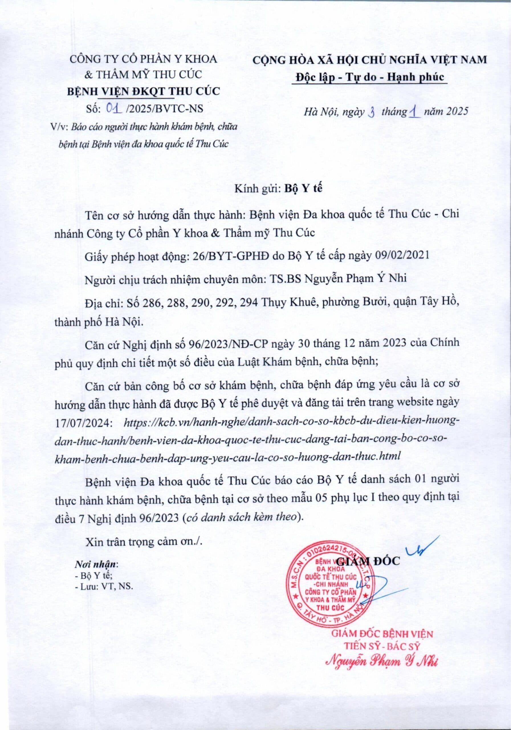 Danh sách người thực hành khám chữa bệnh tại BV ĐKQT Thu Cúc ngày 3/1/2025