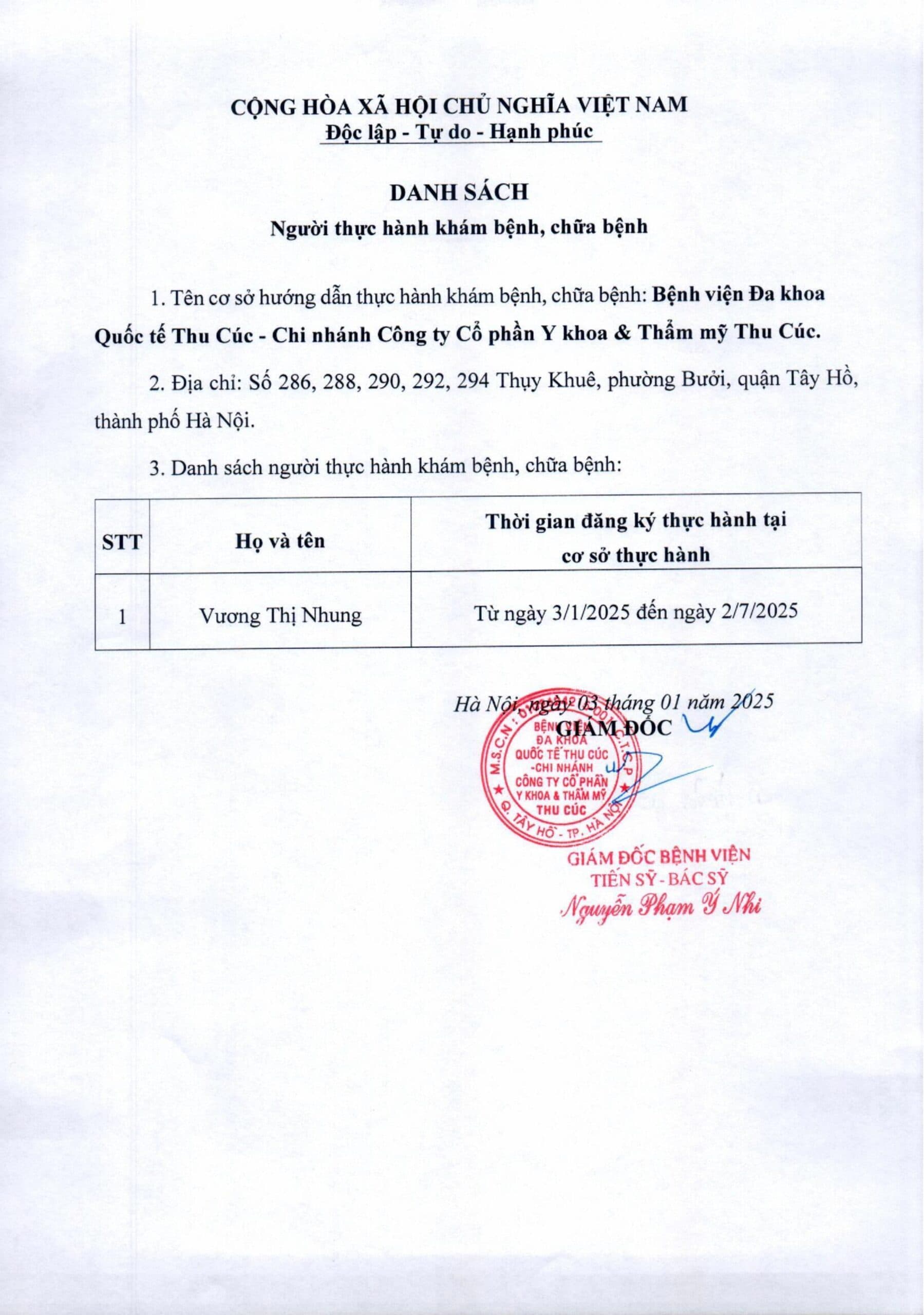 Danh sách người thực hành KCB tại BV ĐKQT Thu Cúc ngày 3/1/2025