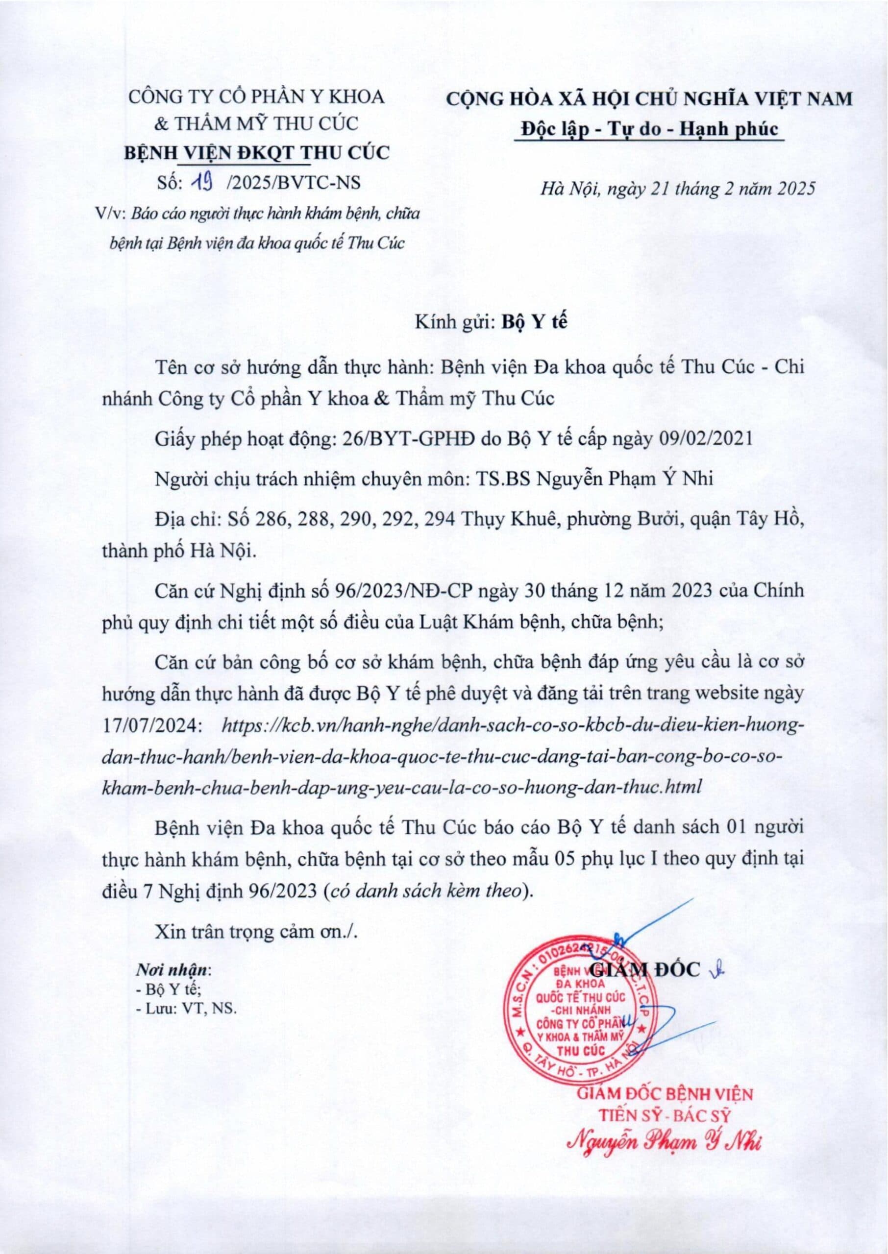 Danh sách người thực hành khám bệnh, chữa bệnh tại Bệnh viện Đa khoa quốc tế Thu Cúc từ ngày 21/2/2025.