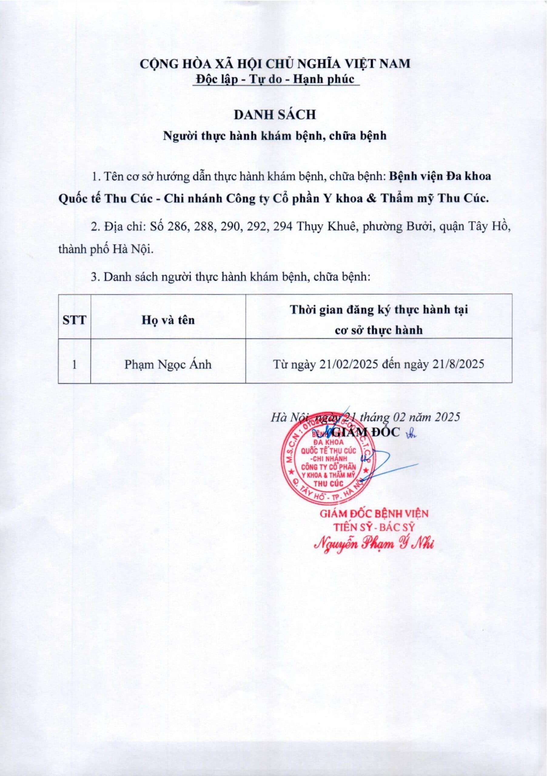 Danh sách người thực hành khám bệnh, chữa bệnh tại Bệnh viện ĐKQT Thu Cúc từ ngày 21/2/2025.