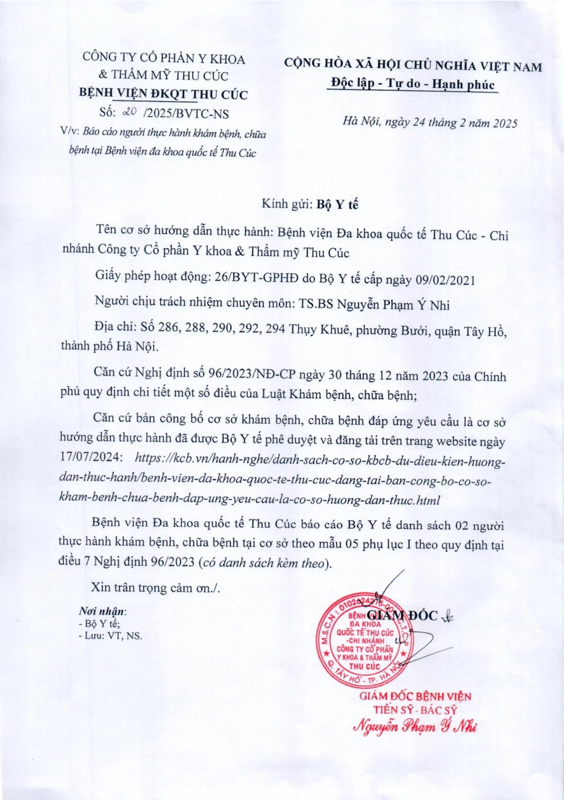 Danh sách người thực hành khám bệnh, chữa bệnh tại Bệnh viện Đa khoa quốc tế Thu Cúc từ ngày 24/2/2025