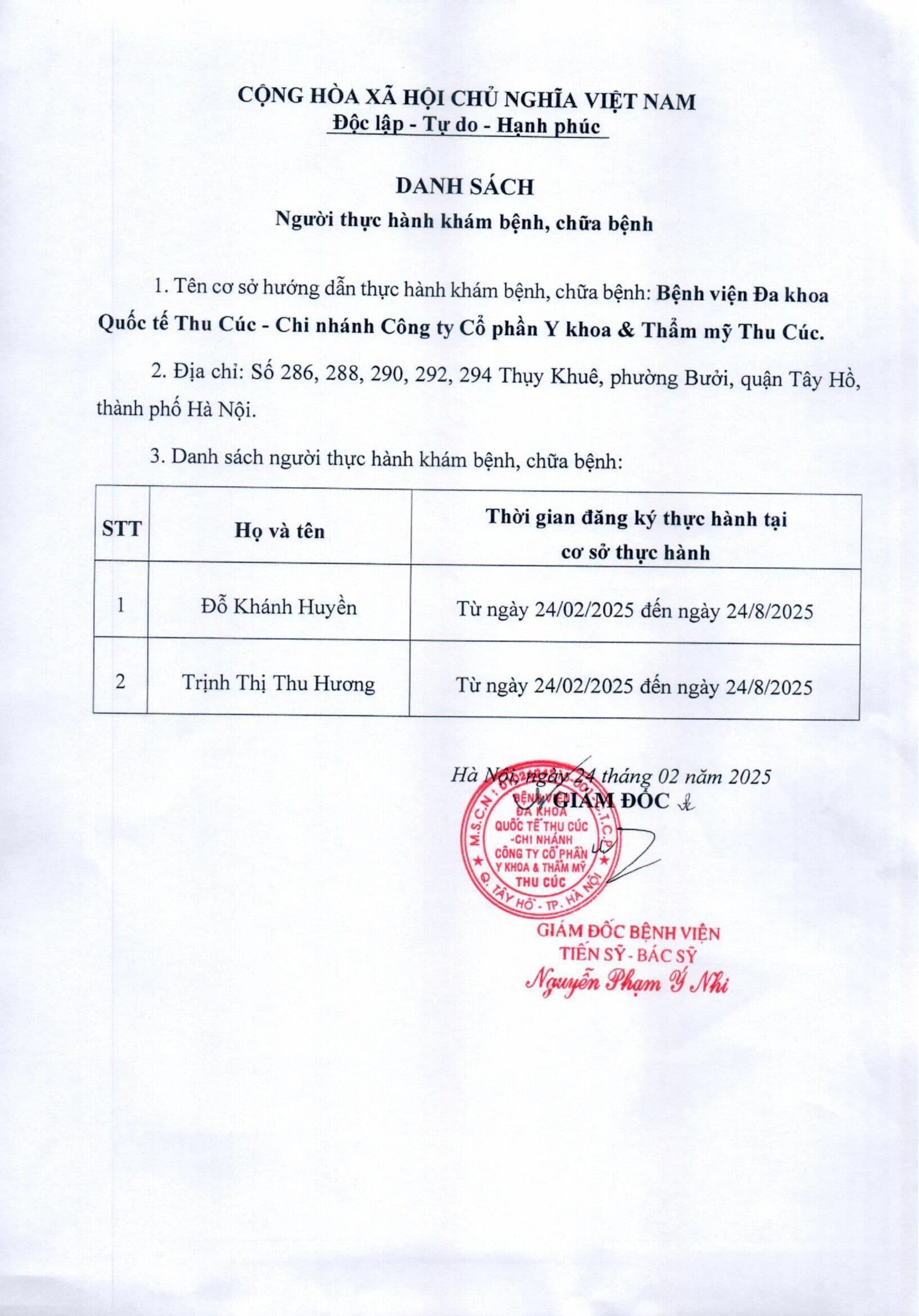 Danh sách người thực hành khám bệnh, chữa bệnh tại Bệnh viện ĐKQT Thu Cúc từ ngày 24/2/2025