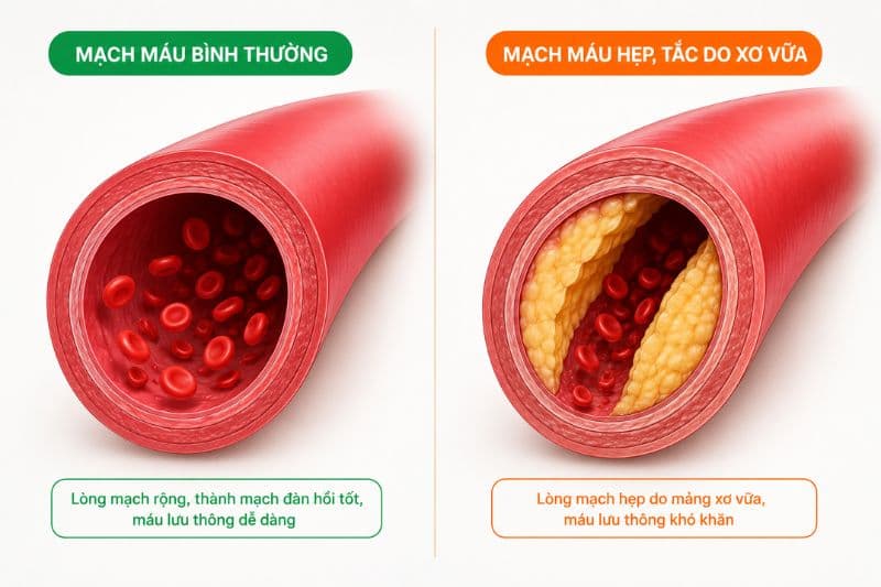 mạch máu bị hẹp hoặc tắc do xơ vữa