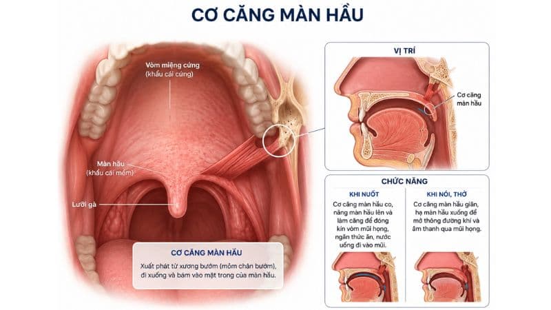Cơ căng màn hầu xuất phát từ vùng xương bướm và vòi nhĩ, bám vào mạc khẩu cái để làm căng vòm miệng mềm.