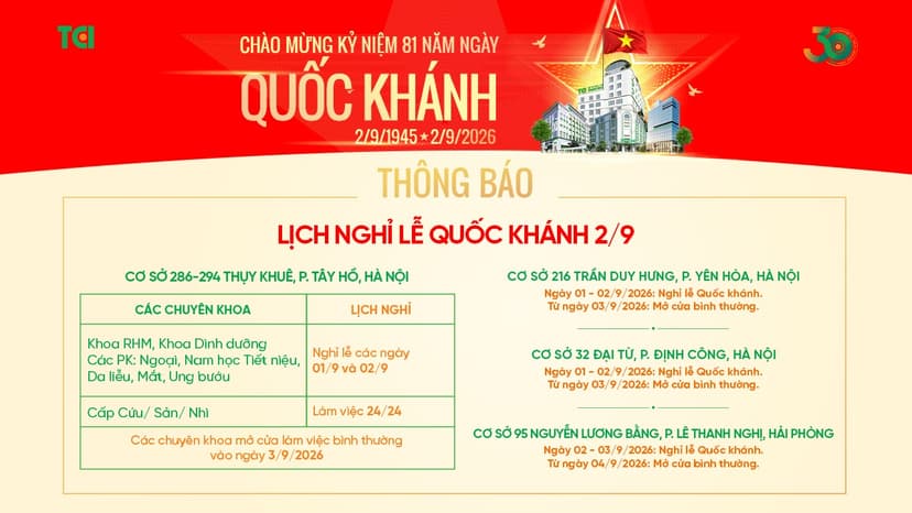 TCI THÔNG BÁO LỊCH LÀM VIỆC DỊP LỄ QUỐC KHÁNH 2/9