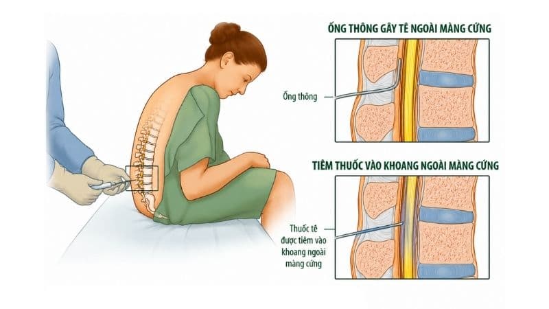 Gây tê ngoài màng cứng giúp giảm cảm giác đau khi chuyển dạ bằng cách đưa thuốc vào khoang ngoài màng cứng ở cột sống lưng. 