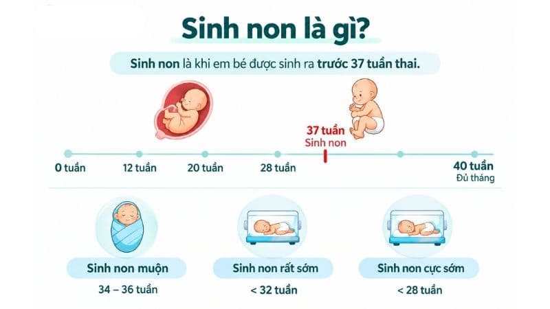 Sinh non là tình trạng em bé chào đời trước 37 tuần, được phân loại thành cực non, rất non và non muộn theo tuổi thai.