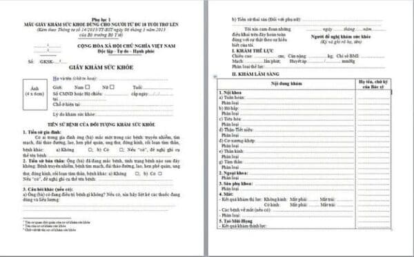 mẫu giấy khám sức khỏe A4 thông tư 14