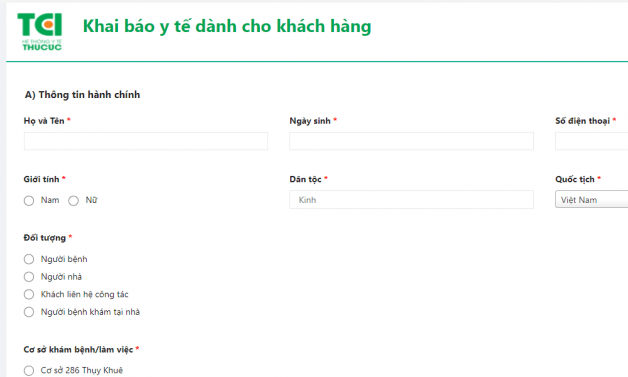 Giao diện khai báo y tế online của Hệ thống y tế Thu Cúc TCI được thiết kế dễ thao tác
