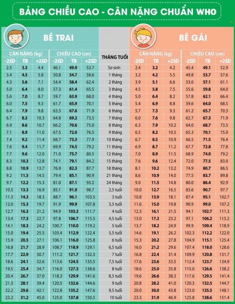 Bảng chiều cao và cân nặng của trẻ theo tiêu chuẩn của Tổ chức Y tế Thế giới WHO
