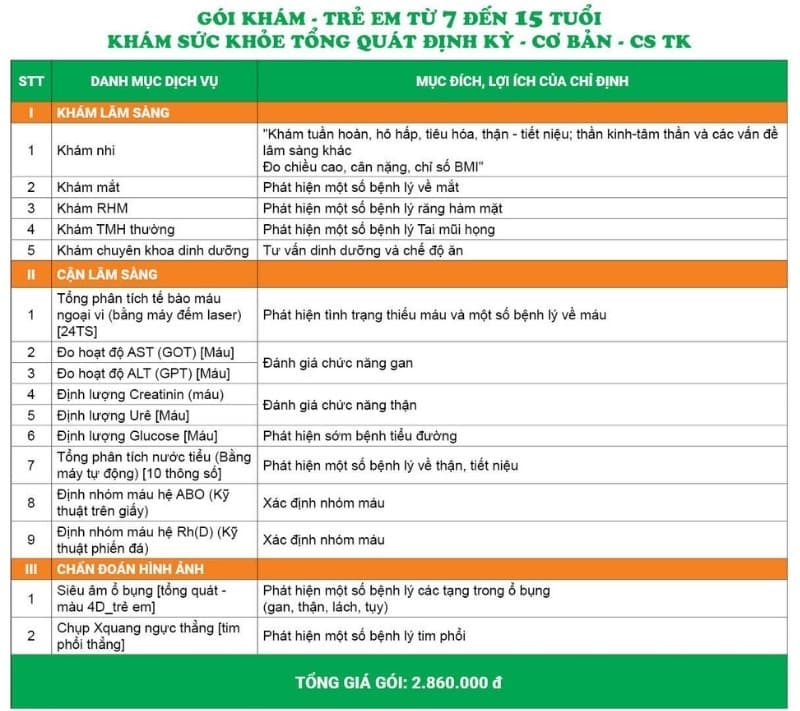 Gói khám - Trẻ em từ 7 đến 15 tuổi - Khám sức khỏe tổng quát định kỳ - Cơ bản - CS TK