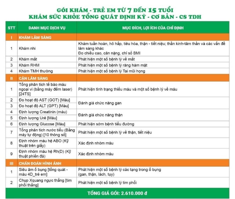 Gói khám - Trẻ em từ 7 đến 15 tuổi - Khám sức khỏe tổng quát định kỳ - Cơ bản - CS TDH