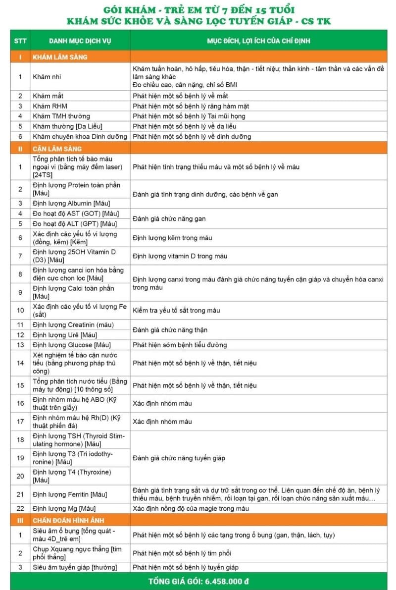 Gói khám - Trẻ em từ 7 đến 15 tuổi - Khám sức khỏe và sàng lọc tuyến giáp - CS TK