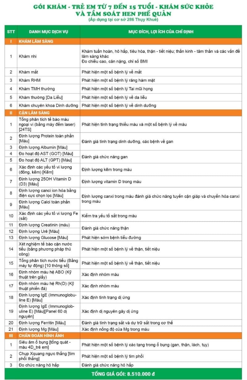 Gói khám - Trẻ em từ 7 đến 15 tuổi - Khám sức khỏe và tầm soát hen phế quản - CS TK