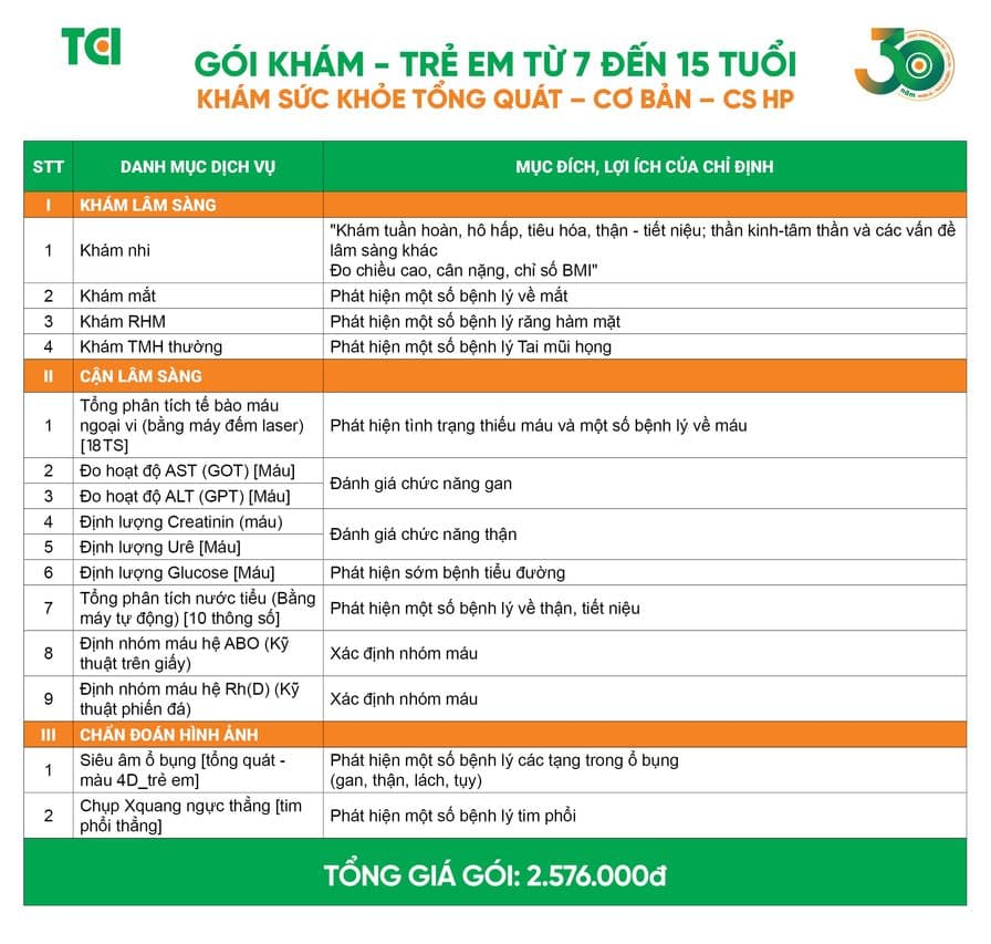 Gói khám-trẻ em từ 7 đến 15 tuổi -KSK tổng quát định kỳ-Cơ bản-CS HP