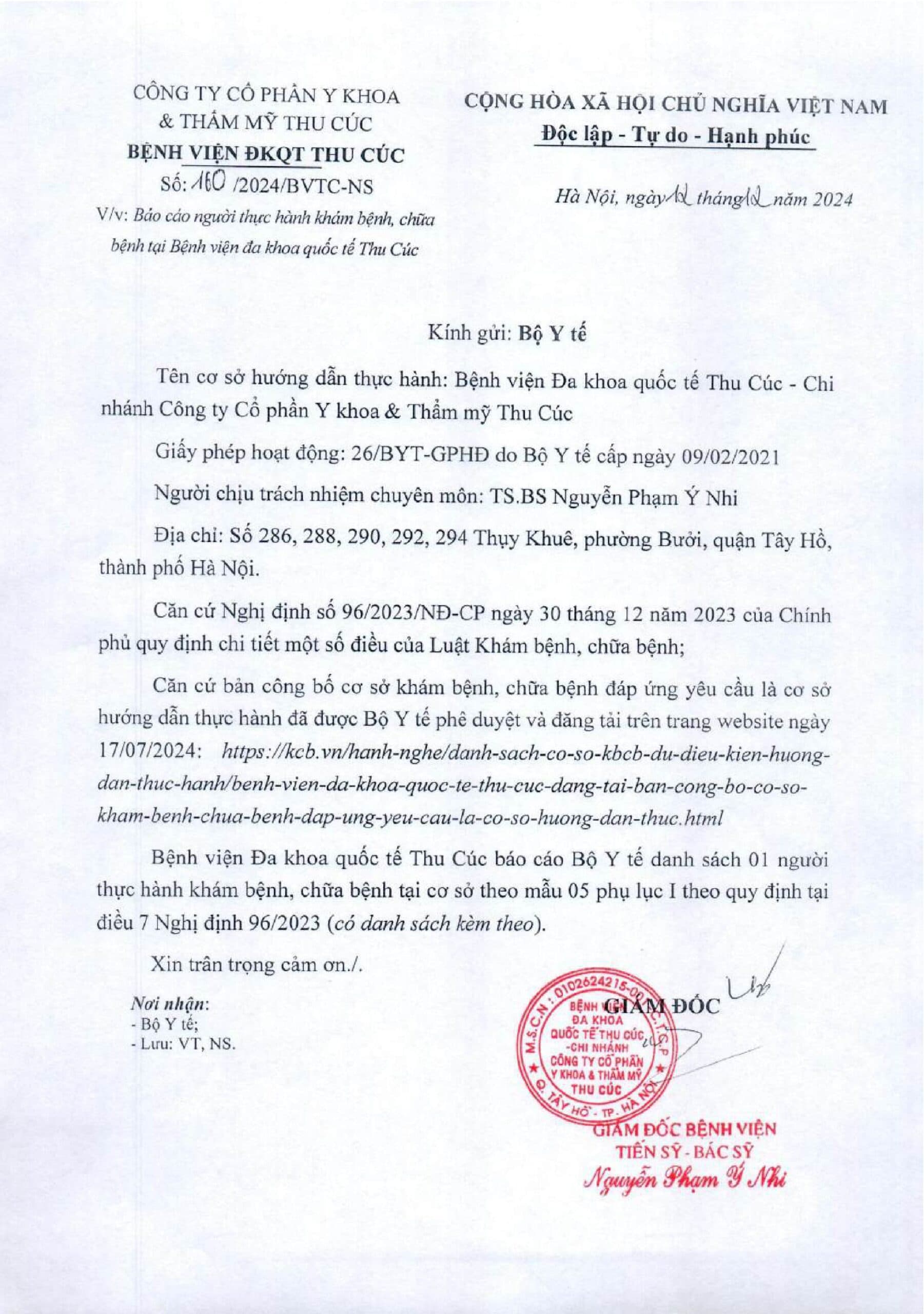 Danh sách người thực hành khám chữa bệnh tại BV ĐKQT Thu Cúc từ ngày 11/12/2024
