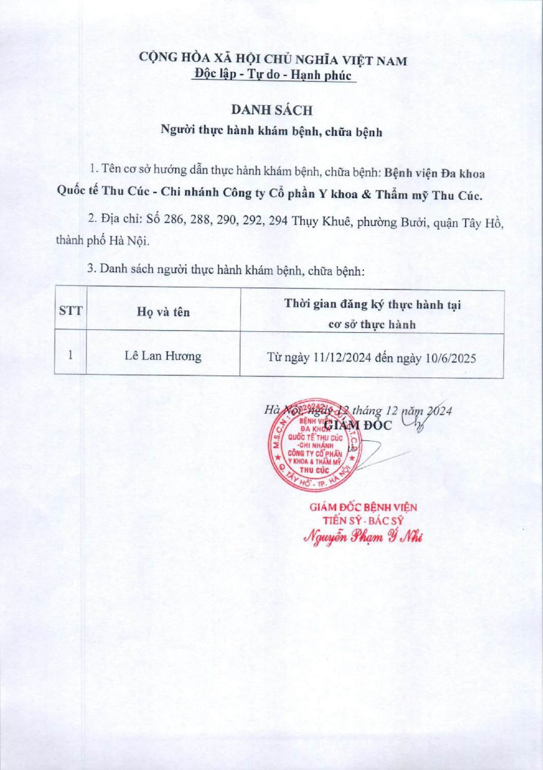Danh sách người thực hành khám chữa bệnh tại BV ĐKQT Thu Cúc từ ngày 11/12/2024