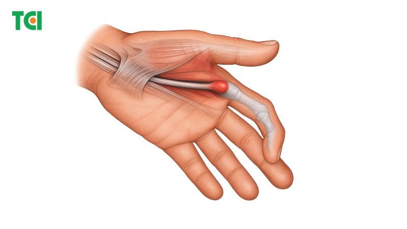 Hình ảnh ngón tay lò xo thường có các biểu hiện đặc trưng như ngón tay bị bó lại ở tư thế gấp