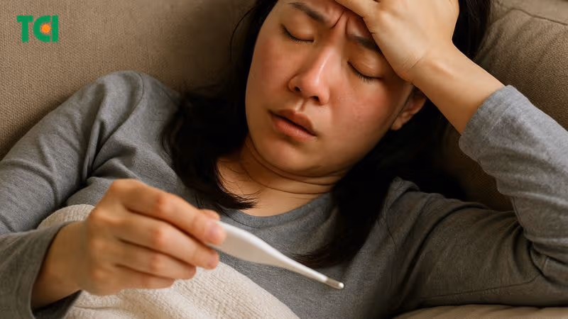 Sốt có thể xuất hiện kèm theo, đôi khi sốt cao kèm rét run hoặc nhẹ thoáng qua