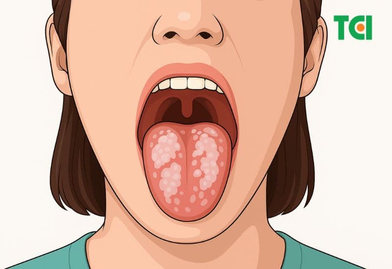 Đẹn lưỡi thường biểu hiện bằng các mảng trắng đục trên lưỡi, gây đau rát và khó chịu khi ăn uống.