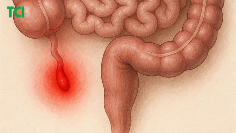 khi bị tắc nghẽn, ruột thừa dễ bị viêm, sưng và chứa đầy mủ, gây ra tình trạng viêm ruột thừa cấp