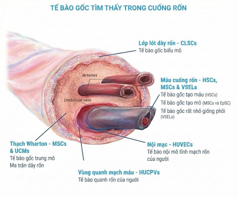 Tế bào gốc được tìm thấy trong dây rốn.