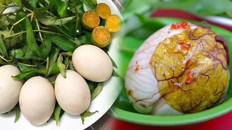 Trứng vịt lộn đã bóc vỏ đặt trong chén, bên cạnh trứng sống, rau răm và tắc.