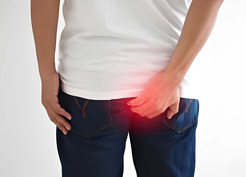 “Người bệnh dùng tay ôm vùng hậu môn do đau rát sau mổ nứt kẽ hậu môn trong giai đoạn hồi phục.”