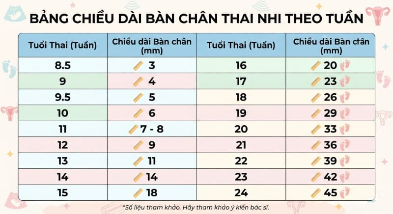 chiều dài bàn chân thai nhi theo tuần