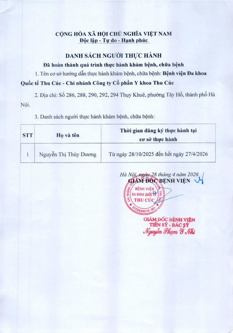 Bệnh viện Đa khoa quốc tế Thu Cúc đăng tải danh sách người thực hành đã hoàn thành quá trình thực hành khám bệnh, chữa bệnh