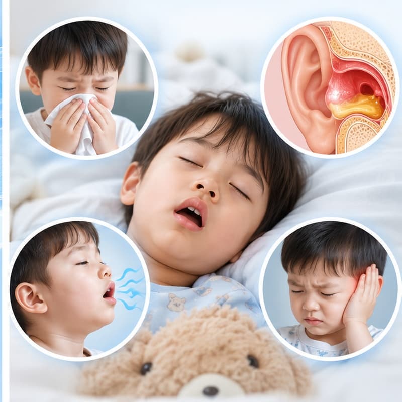 Nghẹt mũi, thở miệng, ngủ ngáy và vấn đề ở tai là những biểu hiện cần lưu ý khi VA viêm hoặc phì đại.