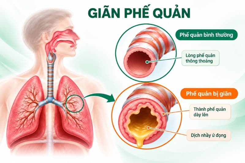 Các phế quản bị giãn rộng bất thường và kéo dài do tổn thương cấu trúc thành đường thở.