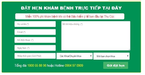 Mẫu đặt lịch hẹn khám tại website của Bệnh viện Đa khoa Quốc tế Thu Cúc.