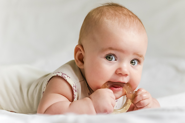 Khi bắt đầu mọc răng trẻ thường có các biểu hiện như sốt nhẹ, ngứa lợi nên con hay gặm, cắn hoặc thích đưa bất kỳ đồ vật nào vào miệng, miệng bé chảy nhiều nước dãi,... (ảnh minh họa)