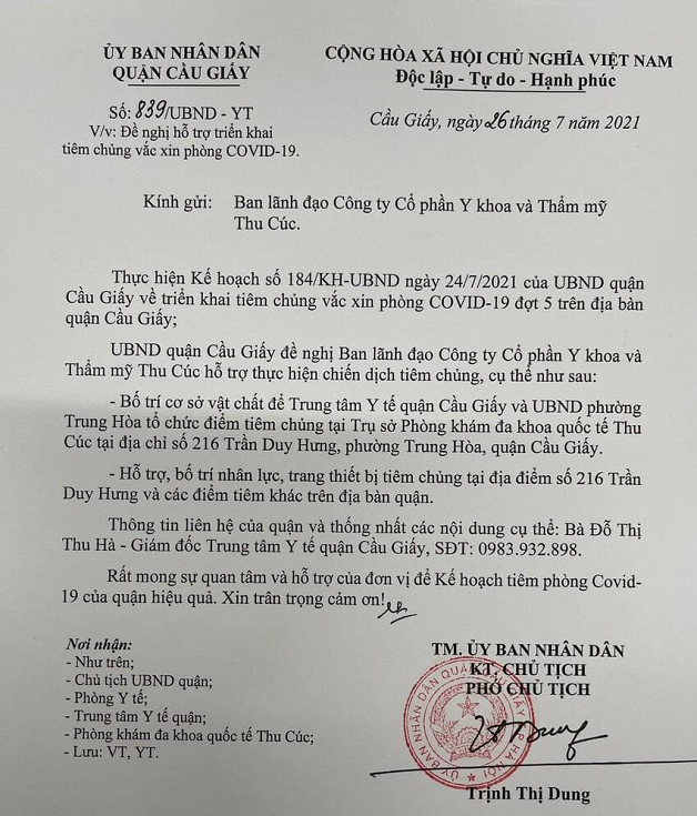 Phòng khám ĐKQT Thu Cúc hỗ trợ cơ sở vật chất và nhân lực phục vụ tiêm chủng theo công văn của UBND quận Cầu Giấy