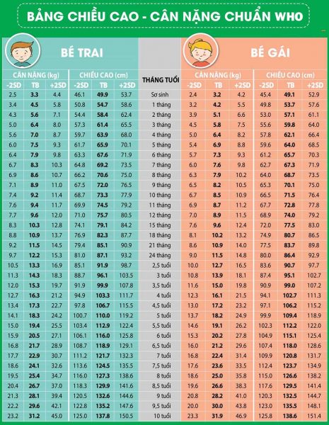 Bảng chiều cao và cân nặng của trẻ theo tiêu chuẩn của Tổ chức Y tế Thế giới WHO