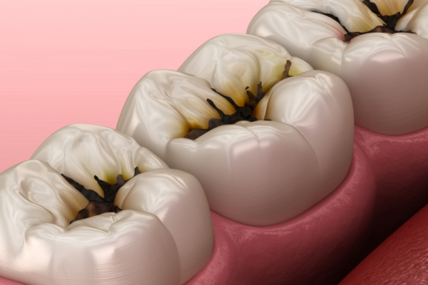 Sâu răng tạo thành các chấm, hốc đen ở trên bề mặt răng do vi khuẩn phá hủy cấu trúc răng