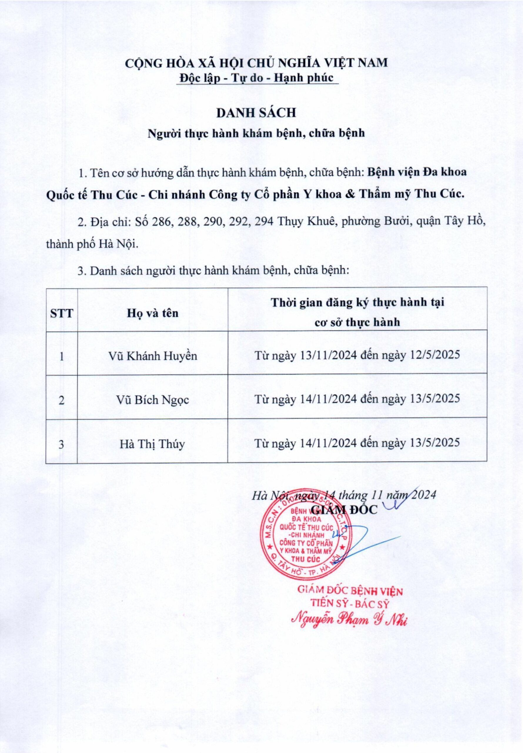 Danh sách người thực hành khám bệnh, chữa bệnh tại Thu Cúc TCI
