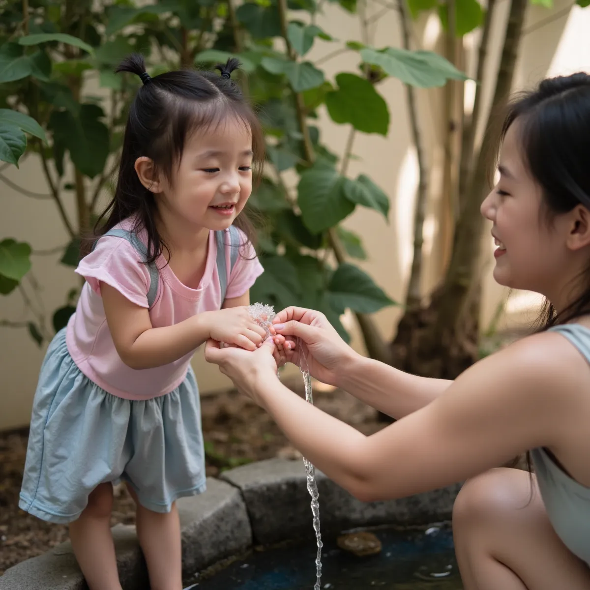 Người mẹ rửa tay cho con để phòng dịch trong mùa lũ