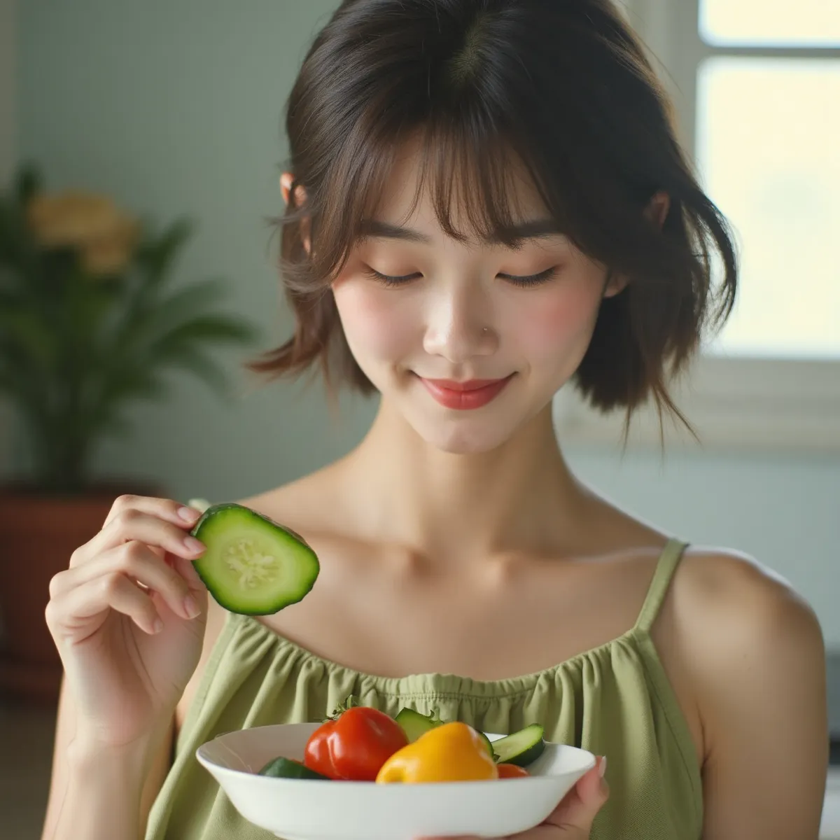 Một người phụ nữ đang chuẩn bị món salad dưa chuột bổ dưỡng trong một căn bếp sáng sủa.