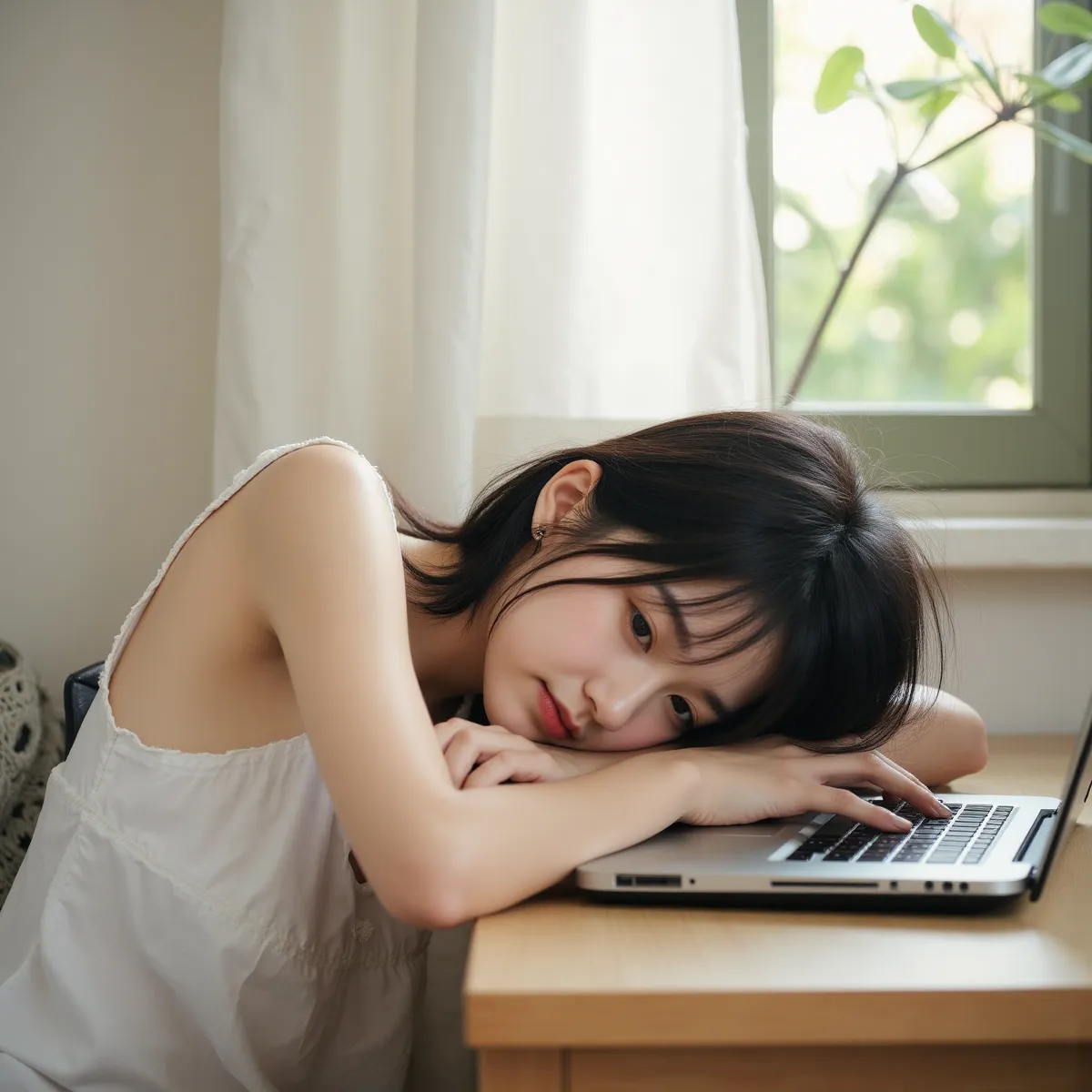 Người phụ nữ ngủ ngắn trên bàn làm việc